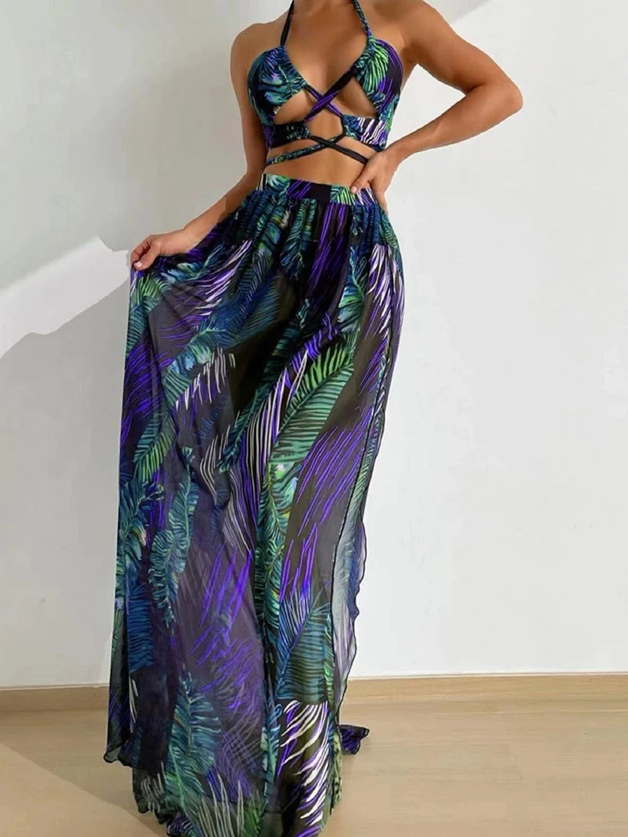 Beach Dresses - Tropical Temptation Halter Maxi 3 Pcs Set Dress