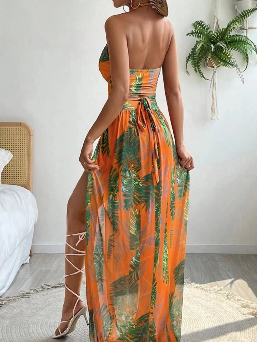 Beach Dresses - Tropical Temptation Halter Maxi 3 Pcs Set Dress