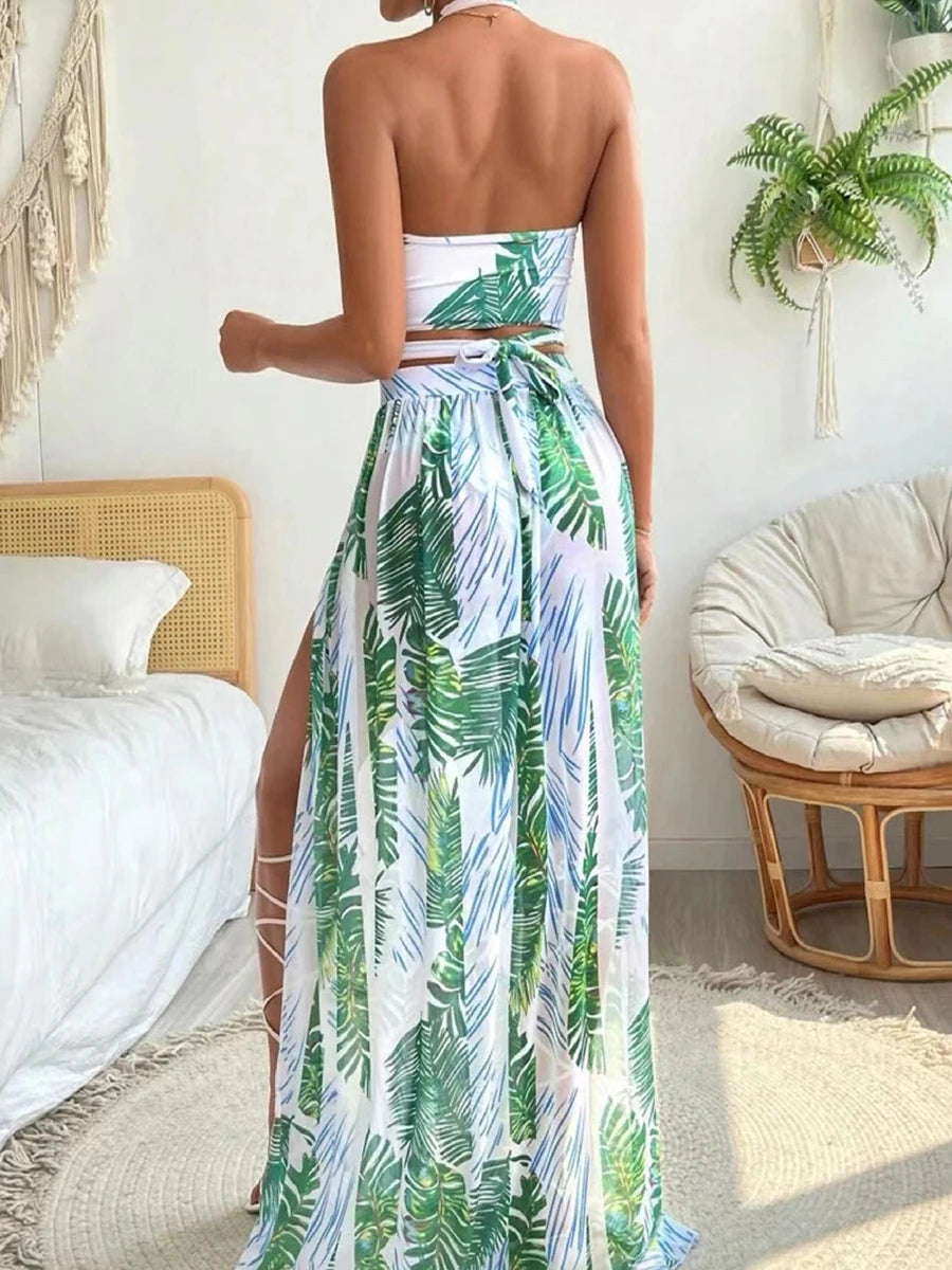 Beach Dresses - Tropical Temptation Halter Maxi 3 Pcs Set Dress