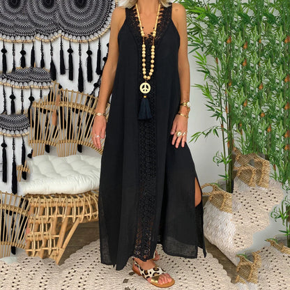 Beach Dresses- V-Neck Lace Detailed Maxi Dress for Summer Splendor- Black- Chuzko Women Clothing