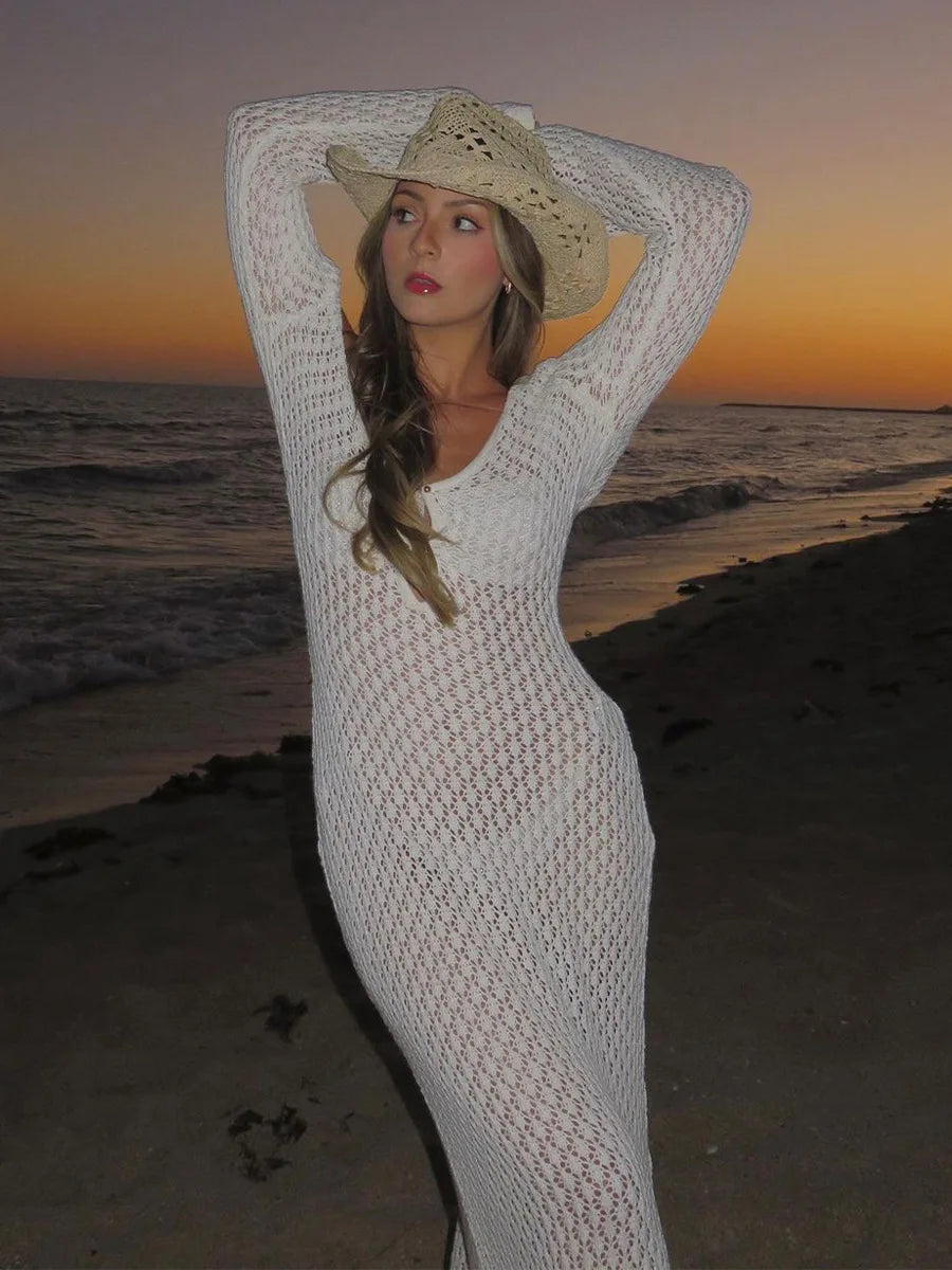 Beach Dresses- Women Long Sleeve Beach Maxi Dress Open Knit Cover-Up- - Pekosa Women Fashion