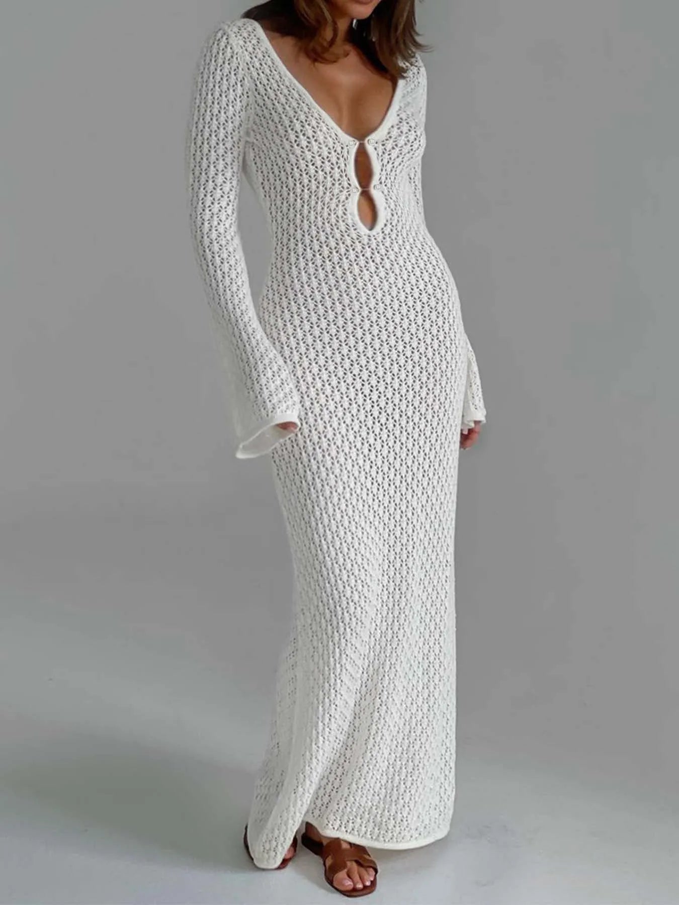 Beach Dresses- Women Long Sleeve Beach Maxi Dress Open Knit Cover-Up- White- Pekosa Women Fashion