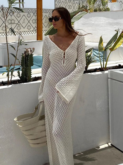 Beach Dresses- Women Long Sleeve Beach Maxi Dress Open Knit Cover-Up- - Pekosa Women Fashion