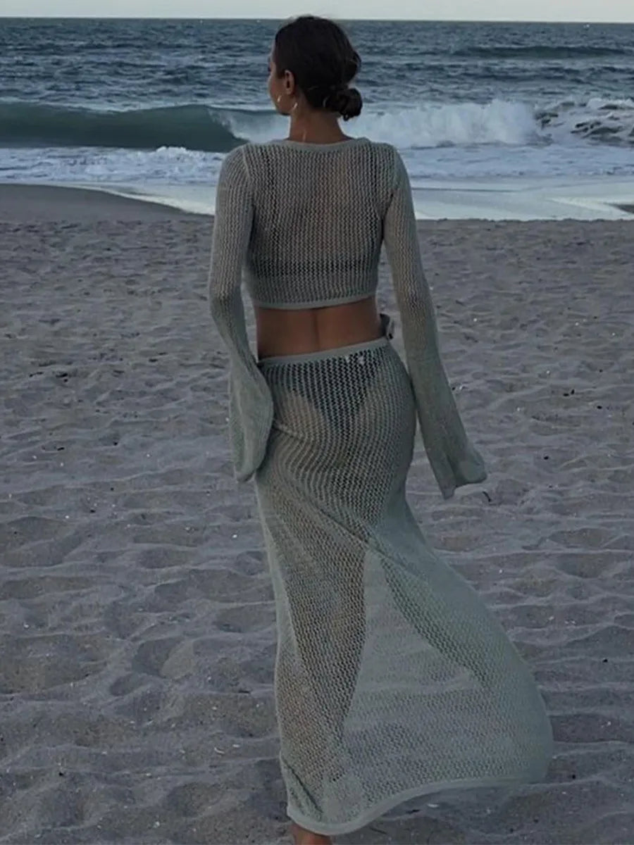 Beach Outfits- Women Wrap Knit Top & Skirt Beach Cover-Up Set- - Pekosa Women Fashion