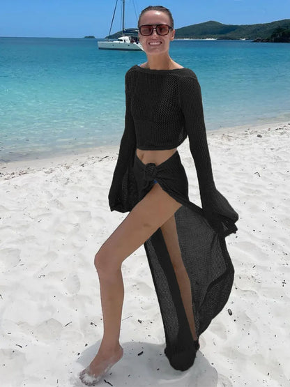 Beach Outfits- Women Wrap Knit Top & Skirt Beach Cover-Up Set- Back- Pekosa Women Fashion