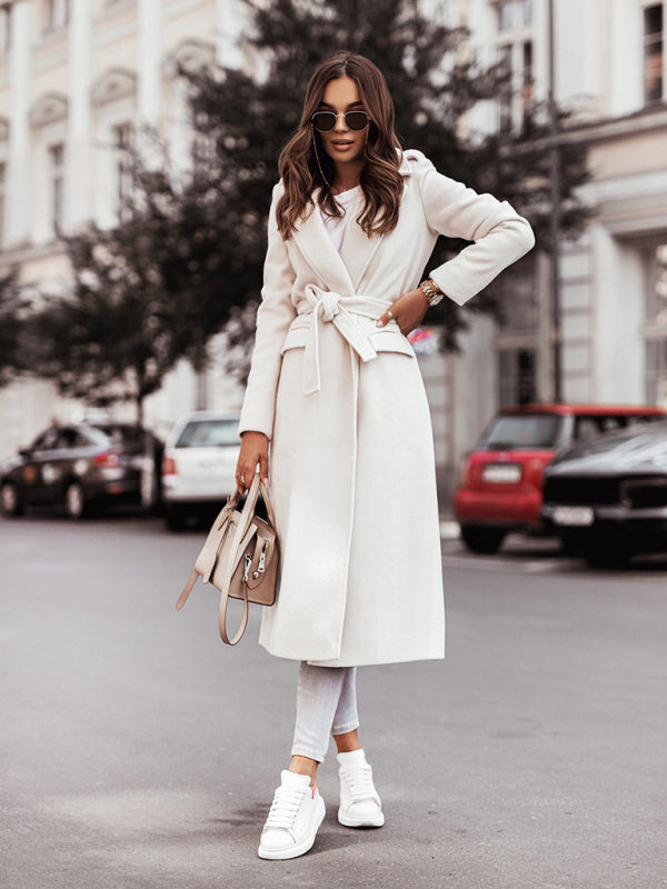 Belted Coat - Elegant Mid-Calf Belted Notch Lapel Coat