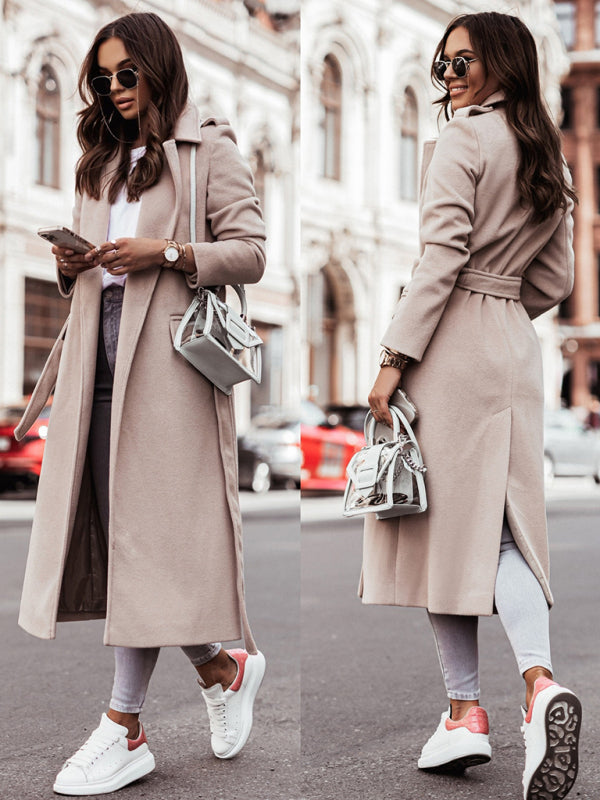 Belted Coat - Elegant Mid-Calf Belted Notch Lapel Coat