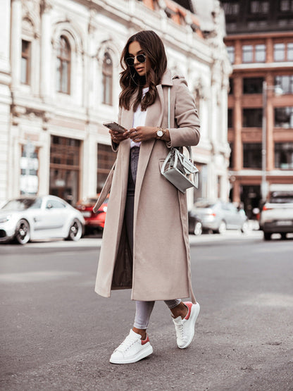 Belted Coat - Elegant Mid-Calf Belted Notch Lapel Coat