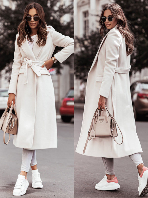 Belted Coat - Elegant Mid-Calf Belted Notch Lapel Coat