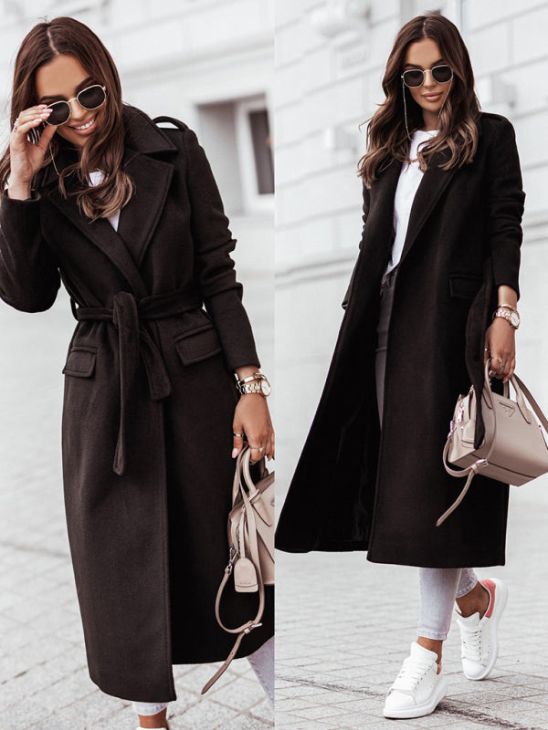 Belted Coat - Elegant Mid-Calf Belted Notch Lapel Coat