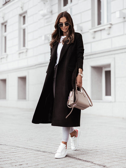 Belted Coat - Elegant Mid-Calf Belted Notch Lapel Coat