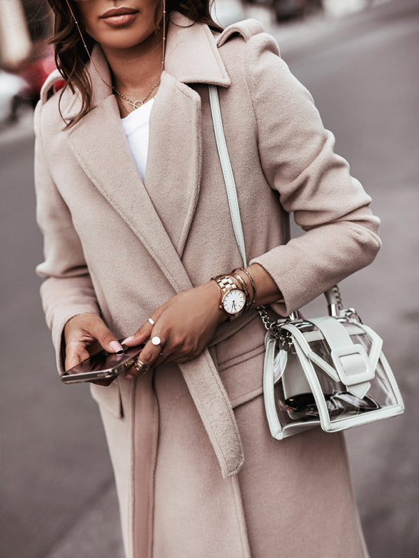 Belted Coat - Elegant Mid-Calf Belted Notch Lapel Coat