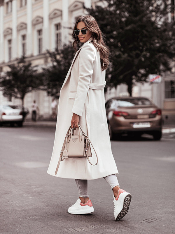 Belted Coat - Elegant Mid-Calf Belted Notch Lapel Coat