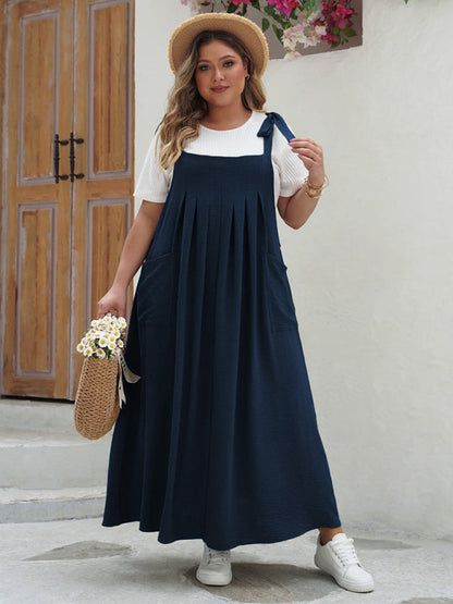 Bib Dress- Laid-Back Curvy Midi Bib Dress in Earthy Tones- Blue- Pekosa Women Fashion