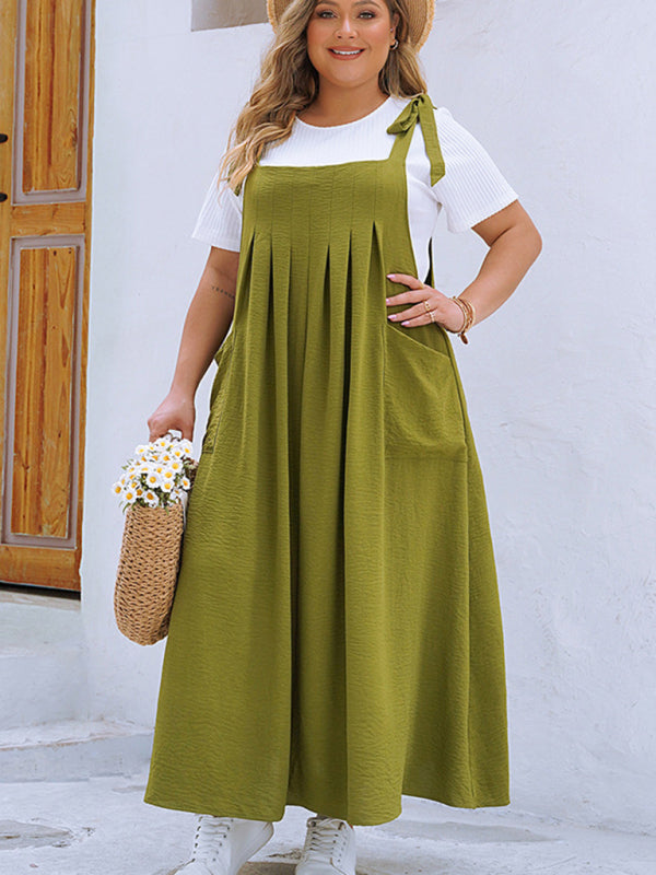 Bib Dress- Laid-Back Curvy Midi Bib Dress in Earthy Tones- - Pekosa Women Fashion