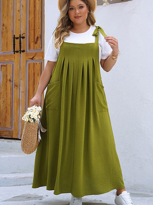 Bib Dress- Laid-Back Curvy Midi Bib Dress in Earthy Tones- - Pekosa Women Fashion