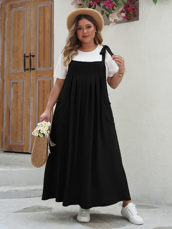 Bib Dress- Laid-Back Curvy Midi Bib Dress in Earthy Tones- Black- Pekosa Women Fashion