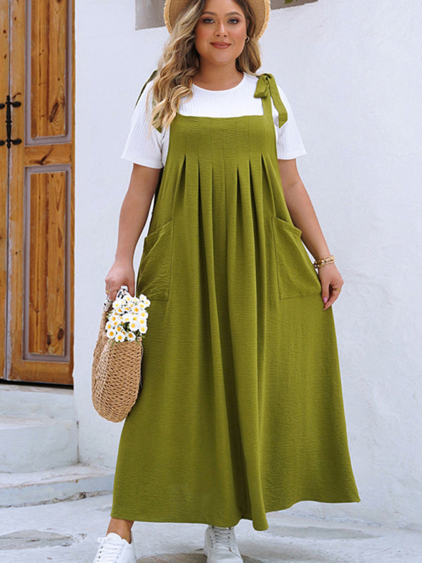 Bib Dress- Laid-Back Curvy Midi Bib Dress in Earthy Tones- - Pekosa Women Fashion