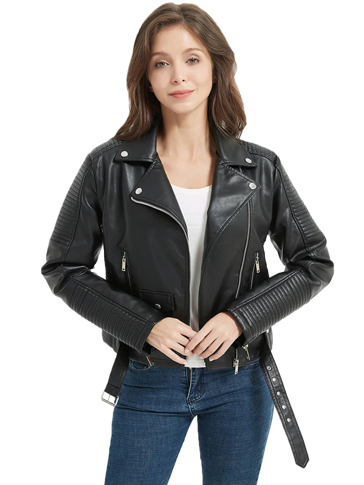 Women Faux Leather Belted Moto Biker Jacket