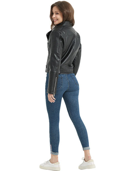 Damen Moto Bikerjacke aus Kunstleder mit Gürtel