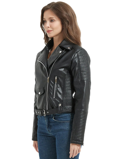 Women Faux Leather Belted Moto Biker Jacket