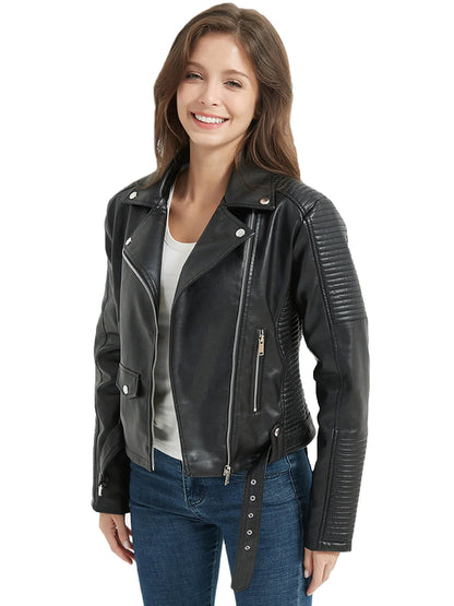 Women Faux Leather Belted Moto Biker Jacket