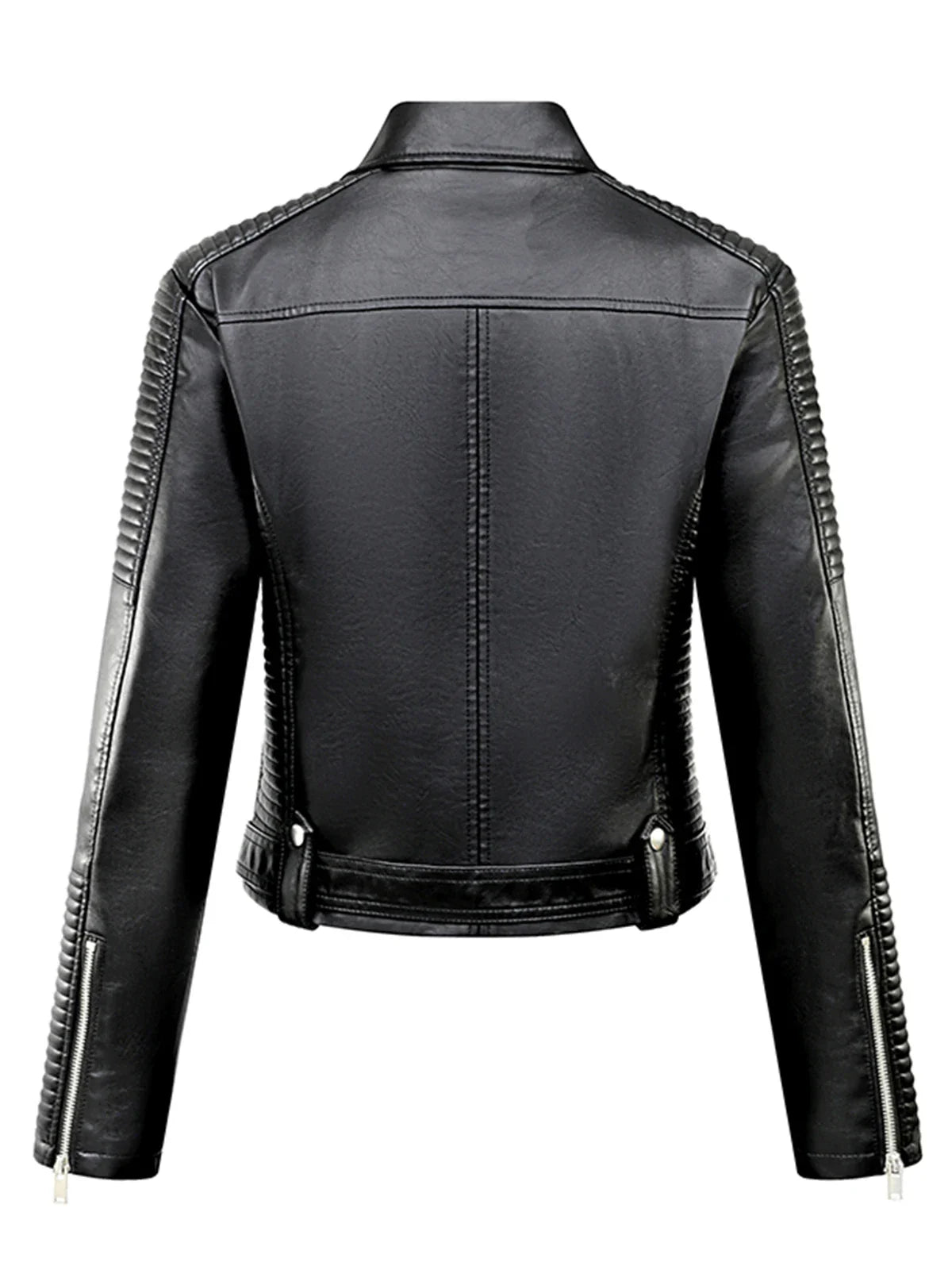 Women Faux Leather Belted Moto Biker Jacket