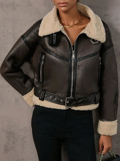 Bikerjacke mit Shearling-Futter für Damen – Oberbekleidung für Herbst und Winter