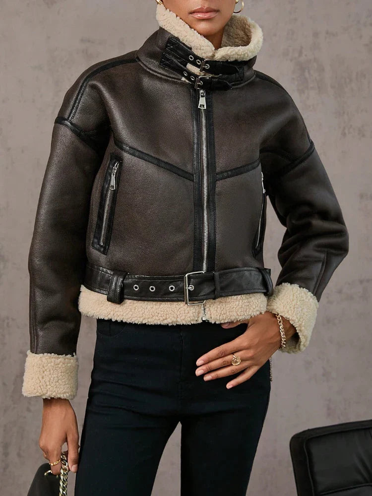 Bikerjacke mit Shearling-Futter für Damen – Oberbekleidung für Herbst und Winter