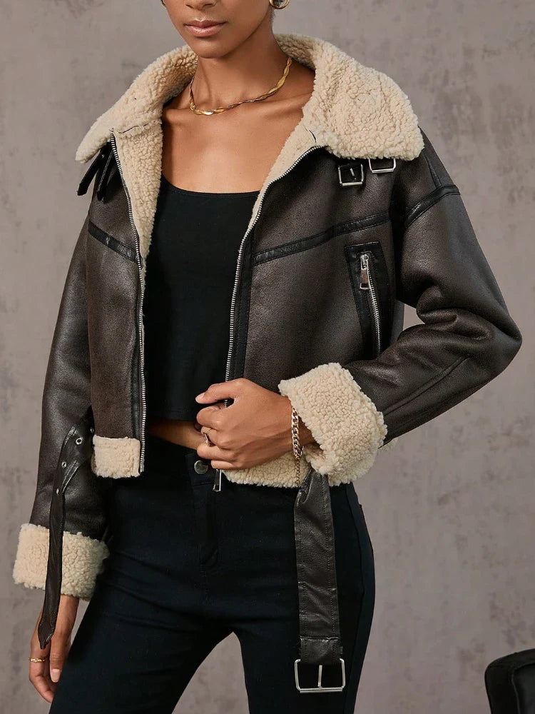 Bikerjacke mit Shearling-Futter für Damen – Oberbekleidung für Herbst und Winter