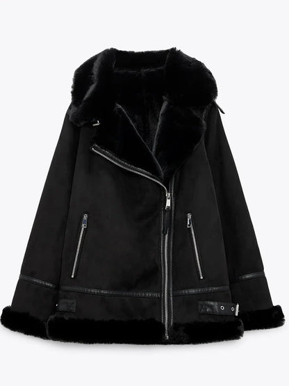 Women Winter Faux Leather Biker Jacket with Shearling Trim