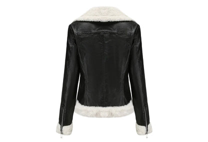 Women Winter Warmth Faux Leather Biker Jacket with Fur Trim