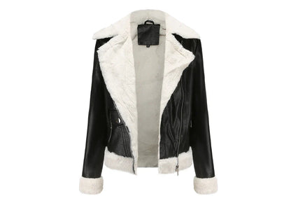 Women Winter Warmth Faux Leather Biker Jacket with Fur Trim