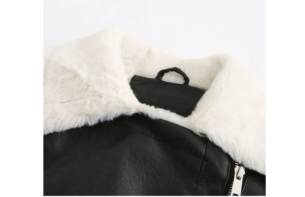 Women Winter Warmth Faux Leather Biker Jacket with Fur Trim