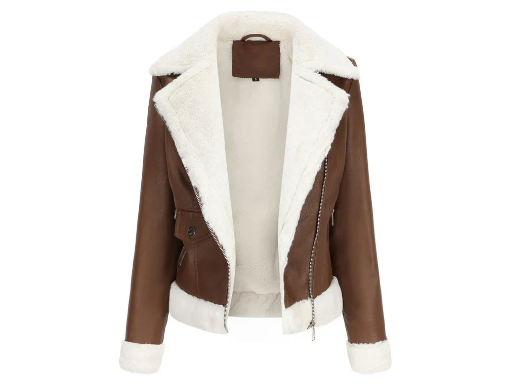 Women Winter Warmth Faux Leather Biker Jacket with Fur Trim