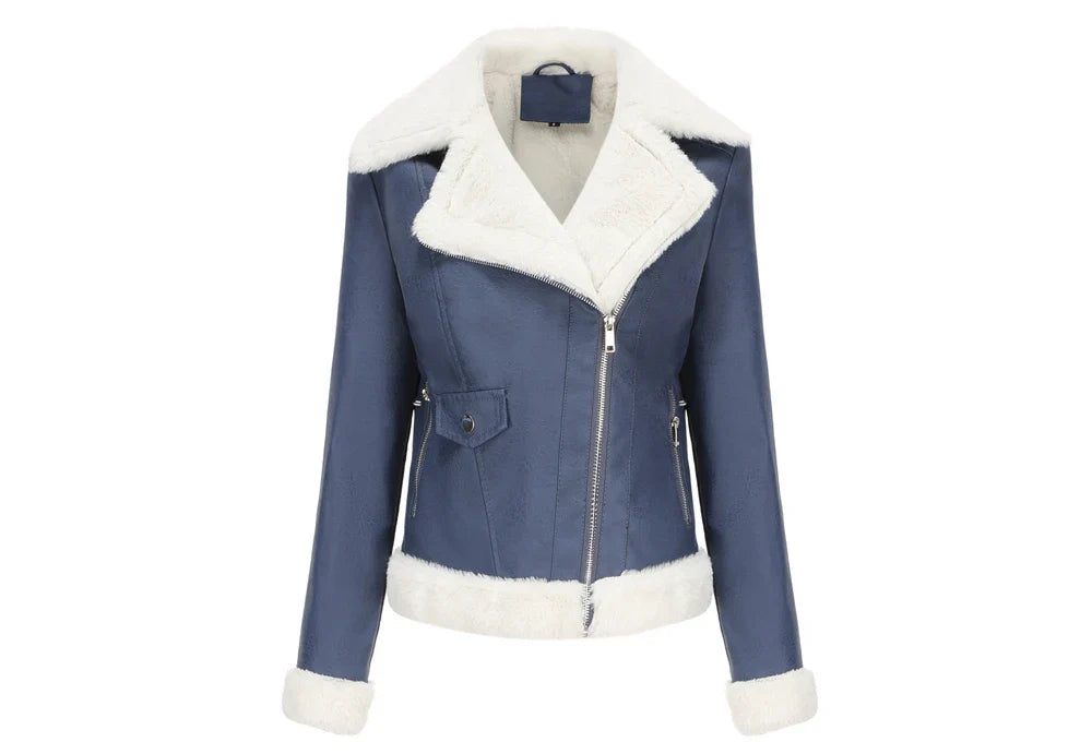 Women Winter Warmth Faux Leather Biker Jacket with Fur Trim