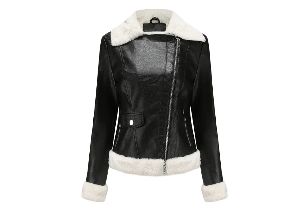 Women Winter Warmth Faux Leather Biker Jacket with Fur Trim