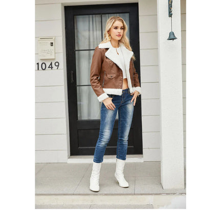 Women Winter Warmth Faux Leather Biker Jacket with Fur Trim