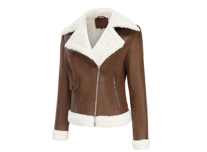 Women Winter Warmth Faux Leather Biker Jacket with Fur Trim