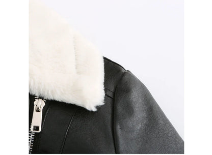 Women Winter Warmth Faux Leather Biker Jacket with Fur Trim