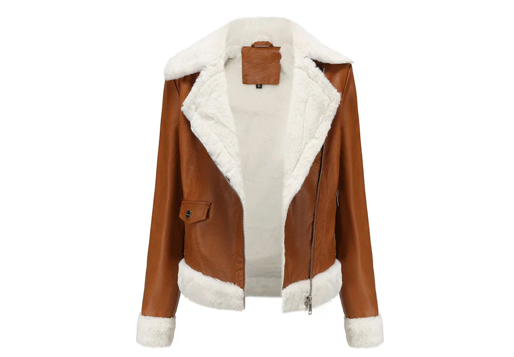 Women Winter Warmth Faux Leather Biker Jacket with Fur Trim