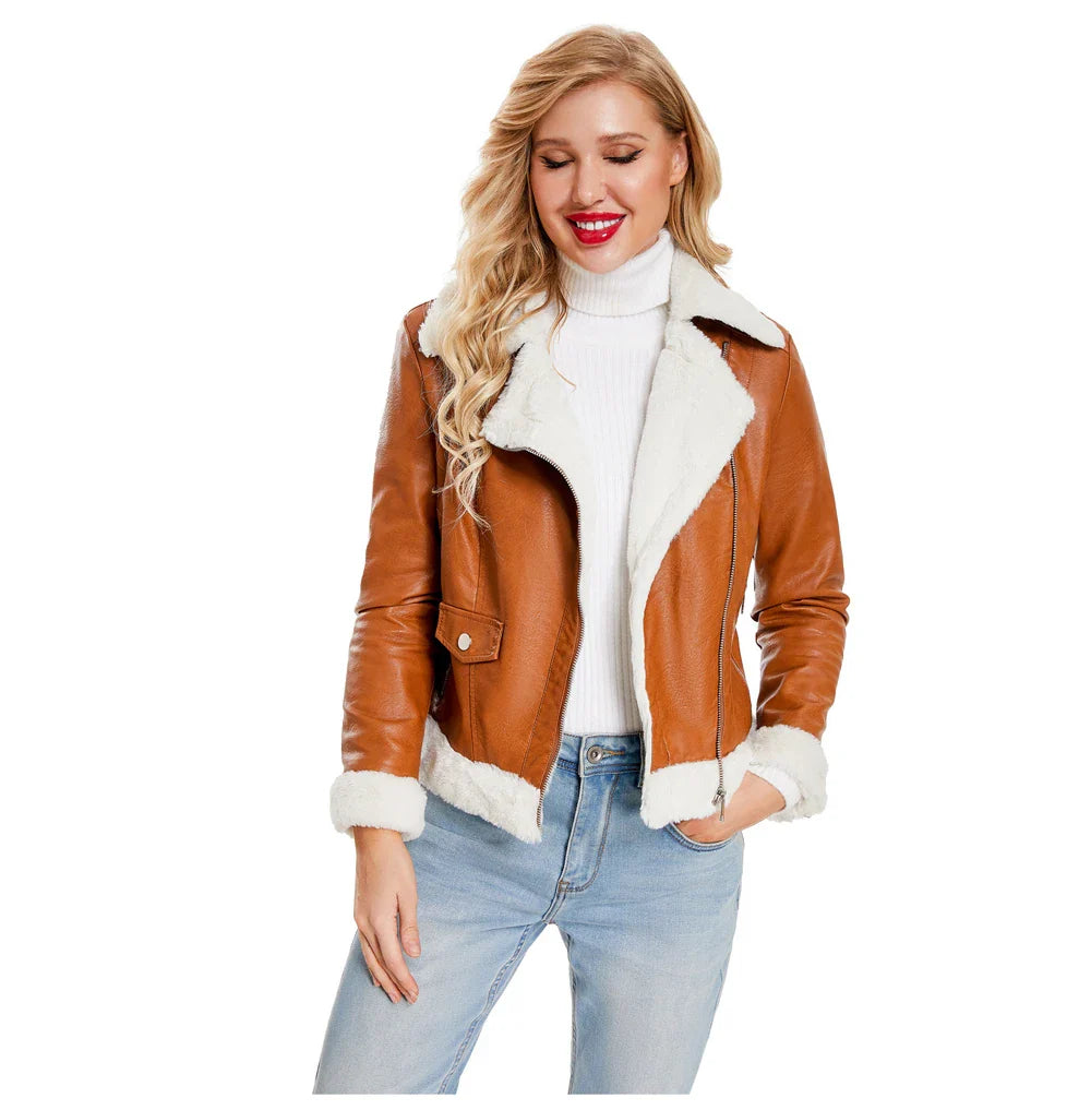 Women Winter Warmth Faux Leather Biker Jacket with Fur Trim