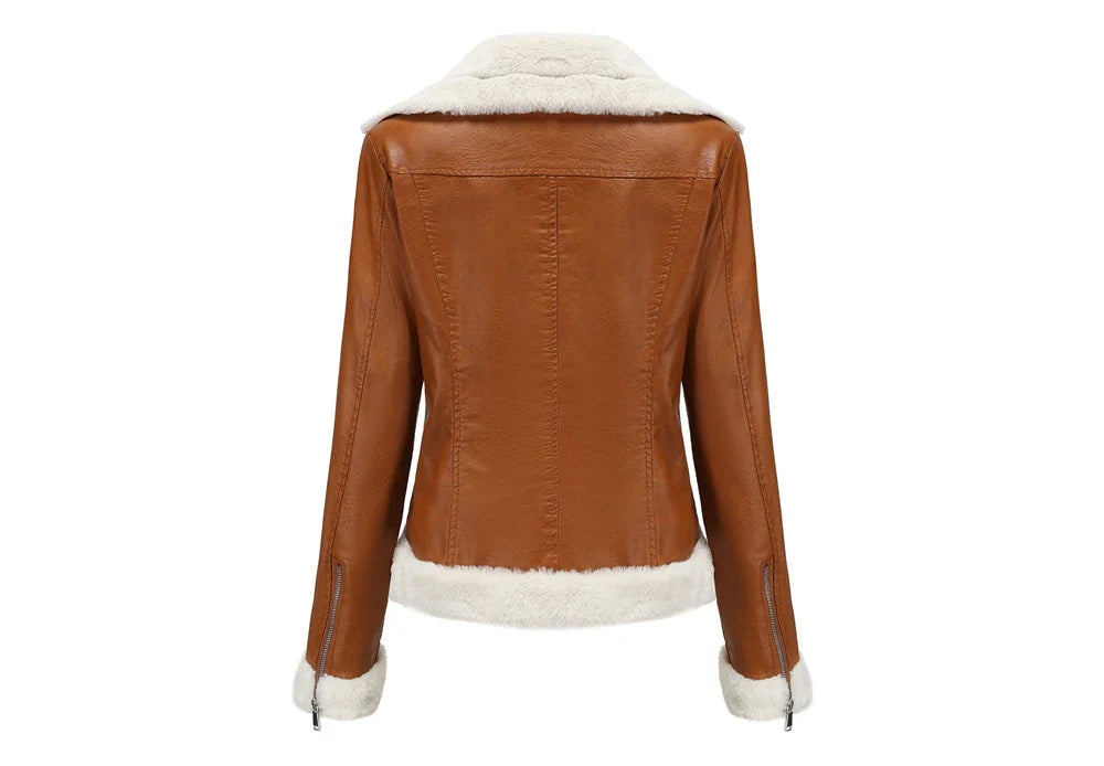 Women Winter Warmth Faux Leather Biker Jacket with Fur Trim