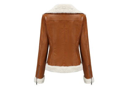 Women Winter Warmth Faux Leather Biker Jacket with Fur Trim