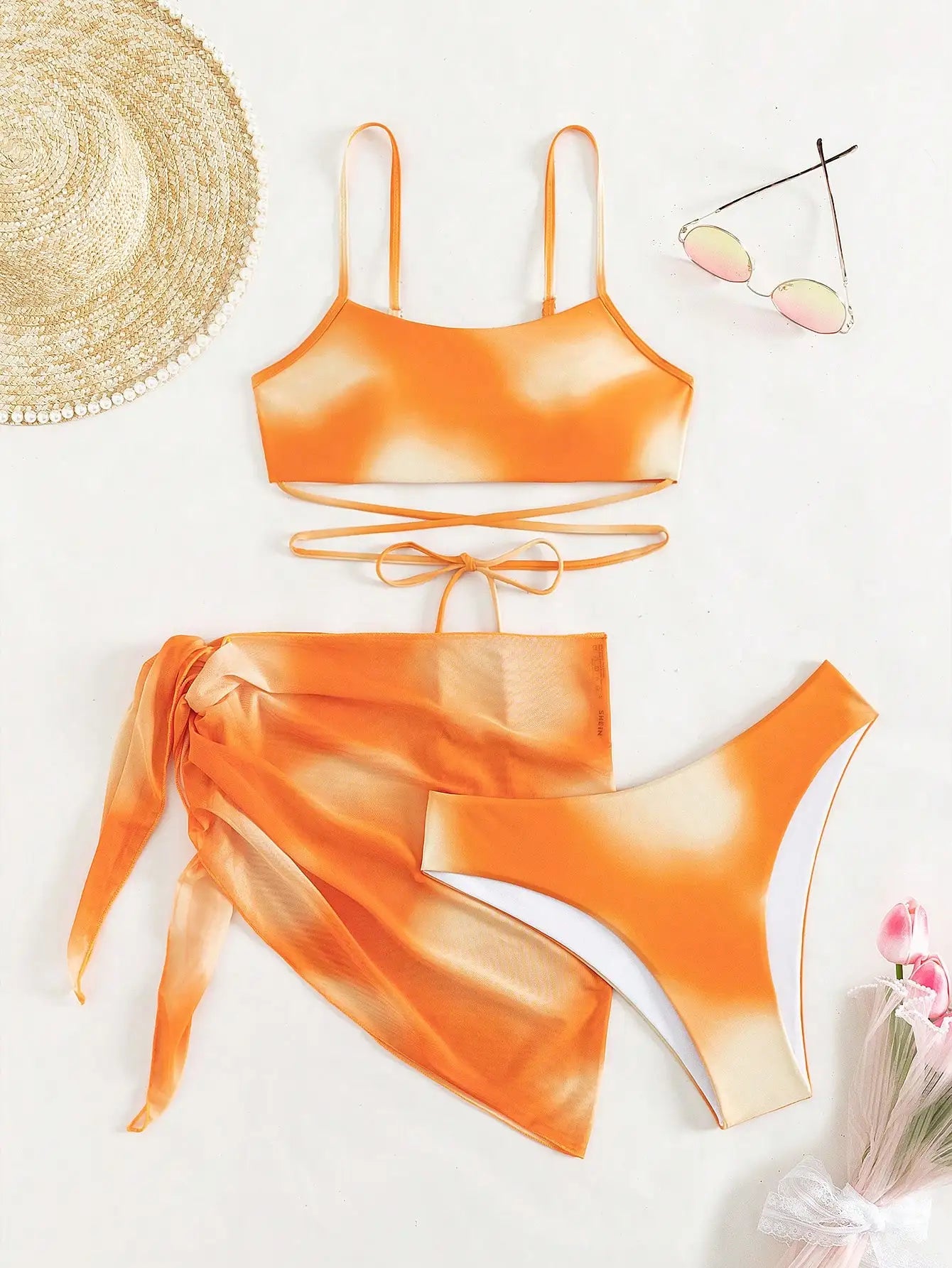 Bikini 3 Pcs Suit Set - Sunset Lace-Up 3 Pcs Swim Set