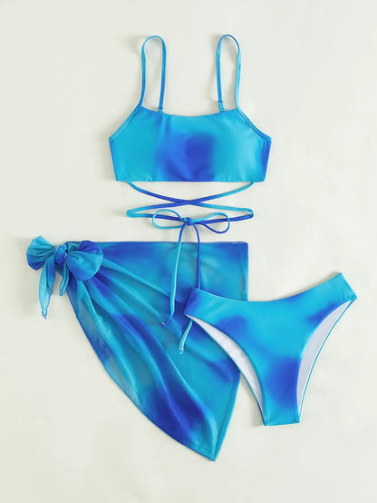 Bikini 3 Pcs Suit Set - Sunset Lace-Up 3 Pcs Swim Set