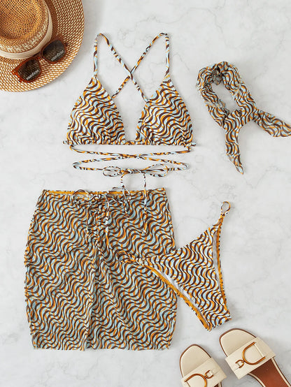 Bikini 4 Piece Suit - Safari Sun Lace-Up Bikini & Wrap 4 Piece Suit