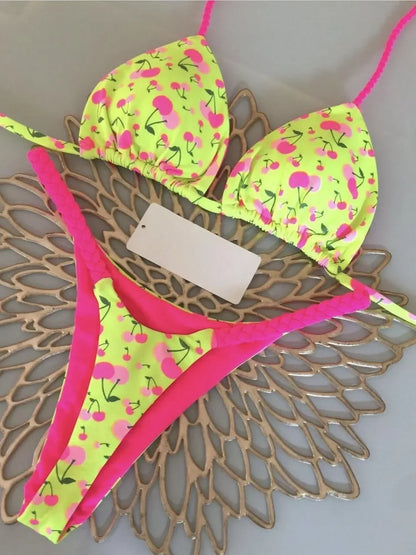 Bikinis - Cherry Print Micro Bikini 2-Piece Neon Swimsuit