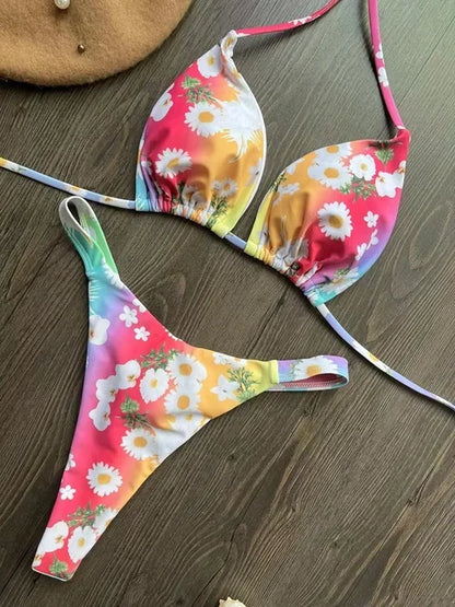 Bikinis - Cherry Print Micro Bikini 2-Piece Neon Swimsuit