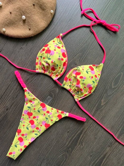 Bikinis - Cherry Print Micro Bikini 2-Piece Neon Swimsuit